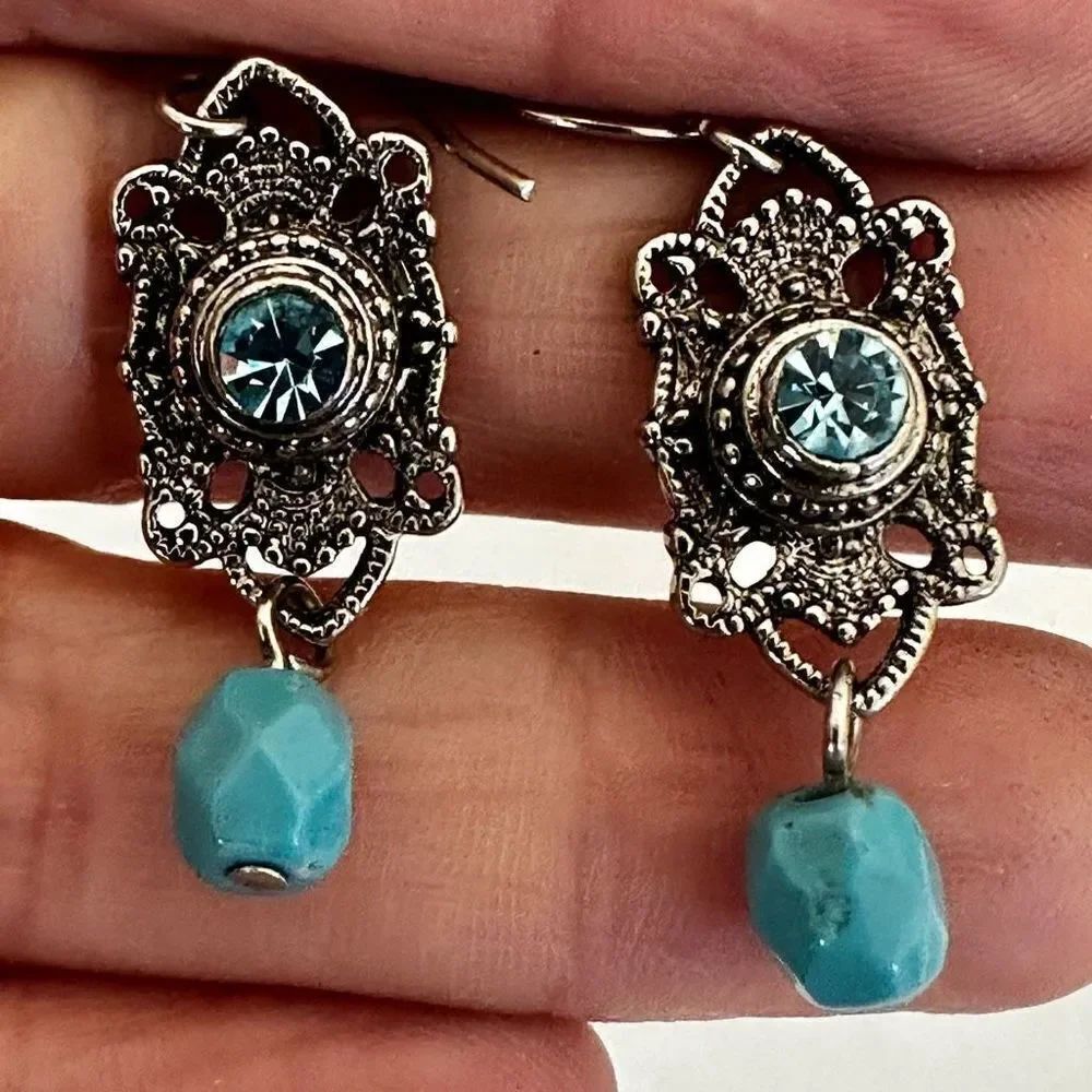 Silver tone blue rhinestone drop earrings